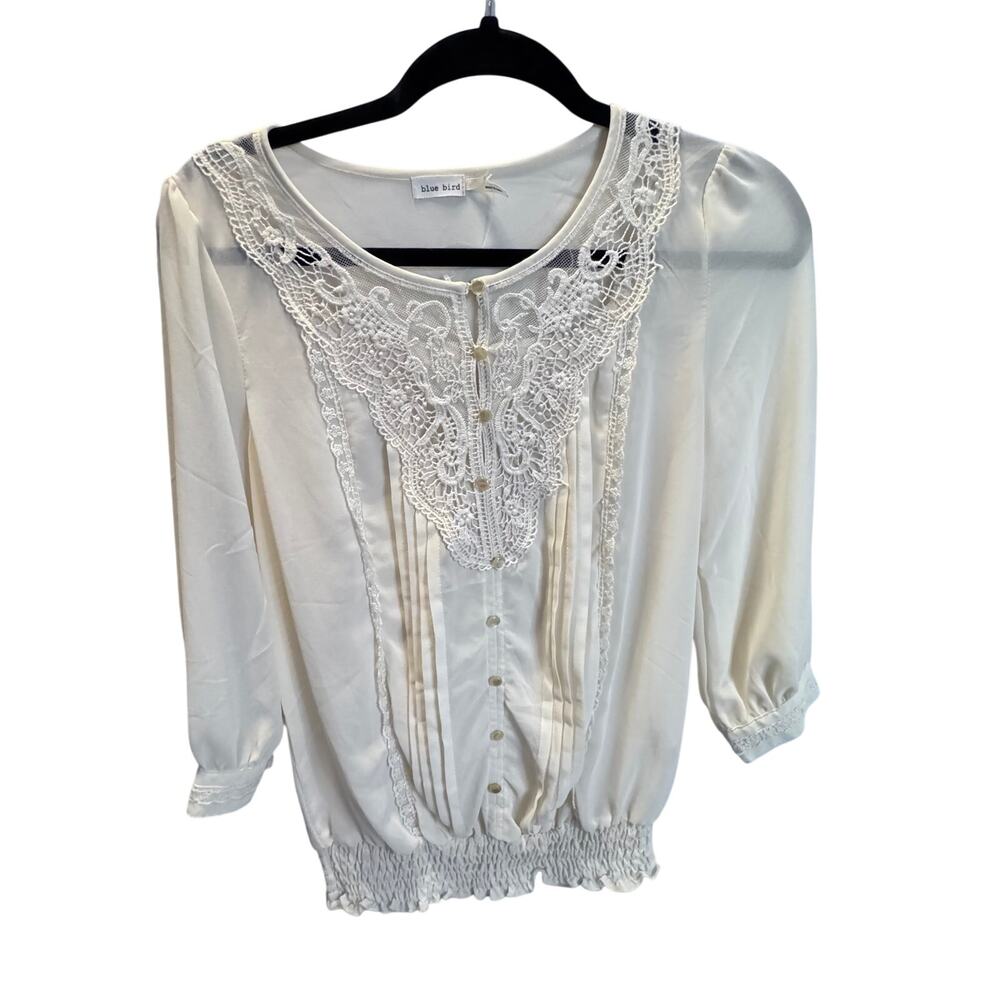 Cottagecore Cream Sheer Cream Lace Small Boho Pintuck Romantic Prairie Blouse